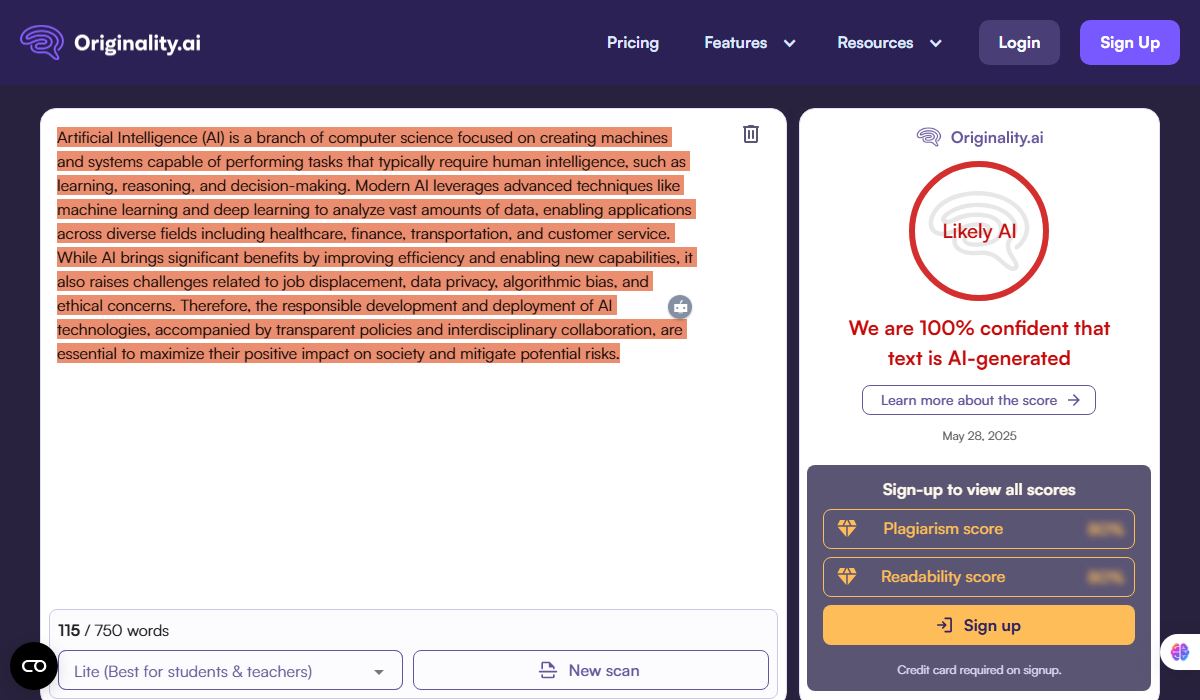 Originality.ai detect content by ChatGPT 4o