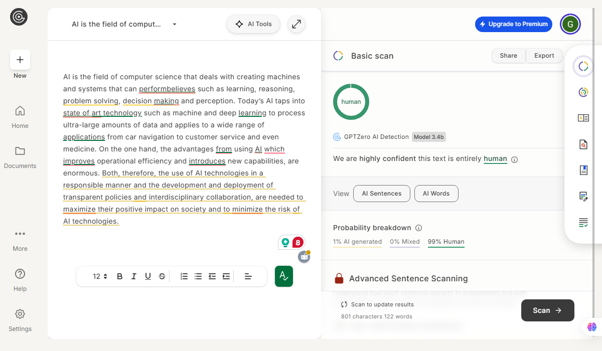 GPTZero’s AI Detector Result StealthWriter Test