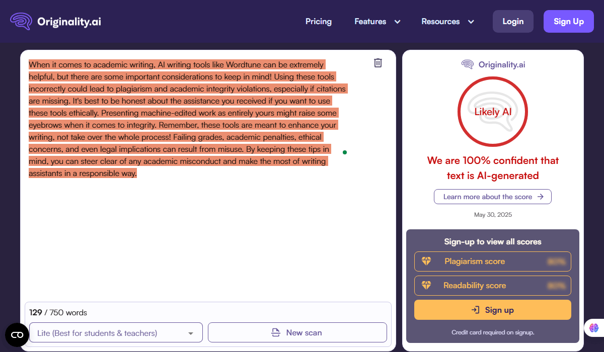 We test WordTune by Originality AI instead of Turnitin, as they both have the same accuracy.