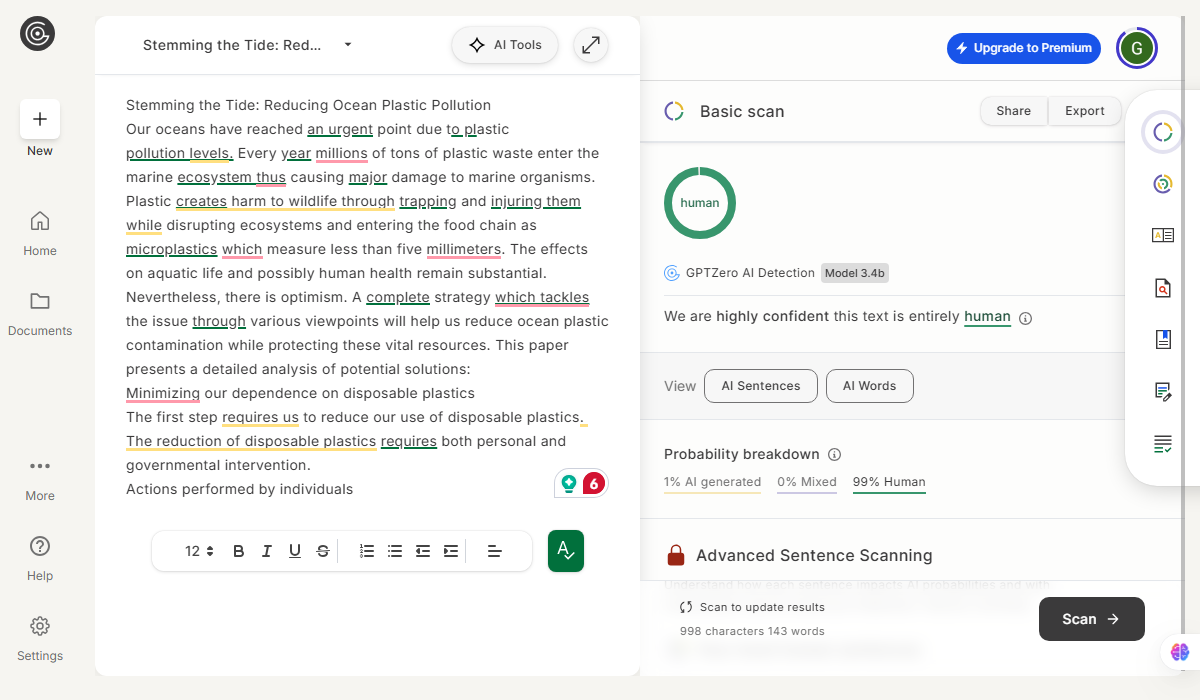 GPTZero Result after humanizing