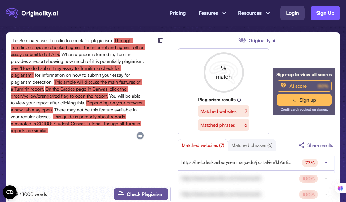 We tested Wordtune text for plagiarism using Originality AI instead of Turnitin