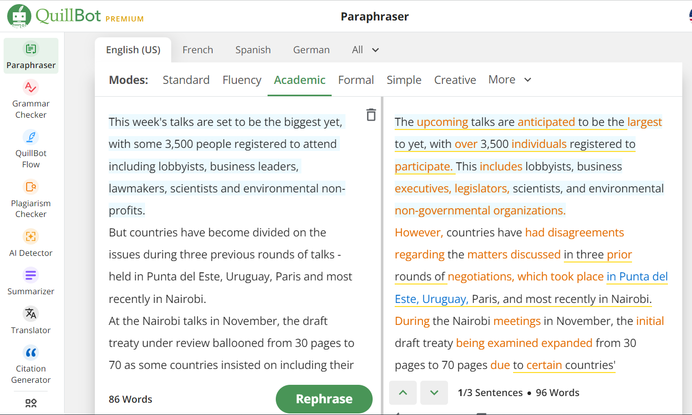 QuillBot vs. ChatGPT - QuillBot Academic paraphrasing mode