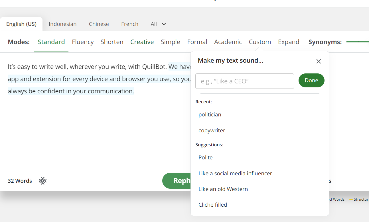QuillBot’s Custom Mode