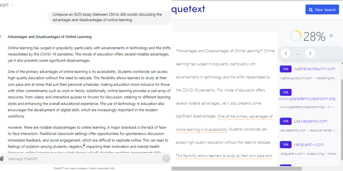 Checking a ChatGPT essay using Quetext