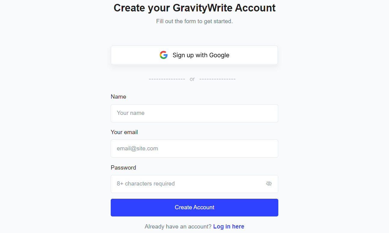 GravityWrite Signup Options