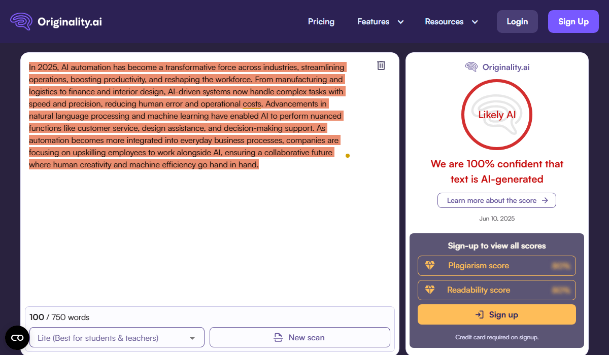 Originality AI detects 100% AI-generated content from ChatGPT-4o