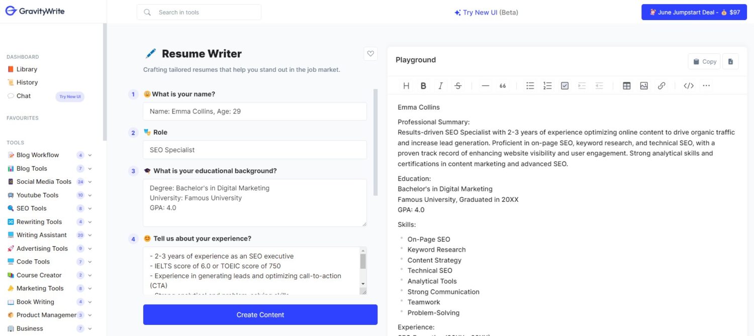 GravityWrite Resume Writer Feature