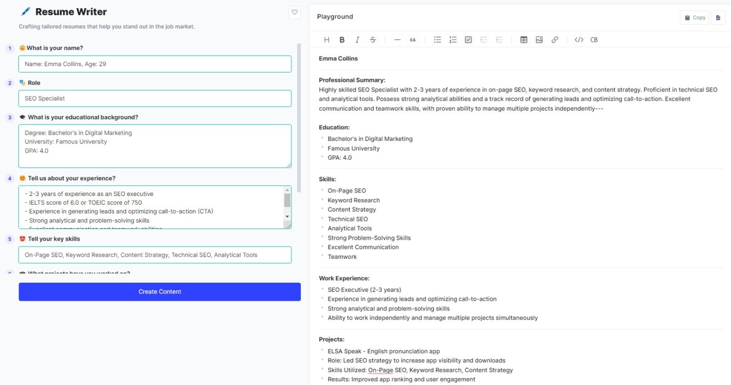 AI Resume Example From GravityWrite