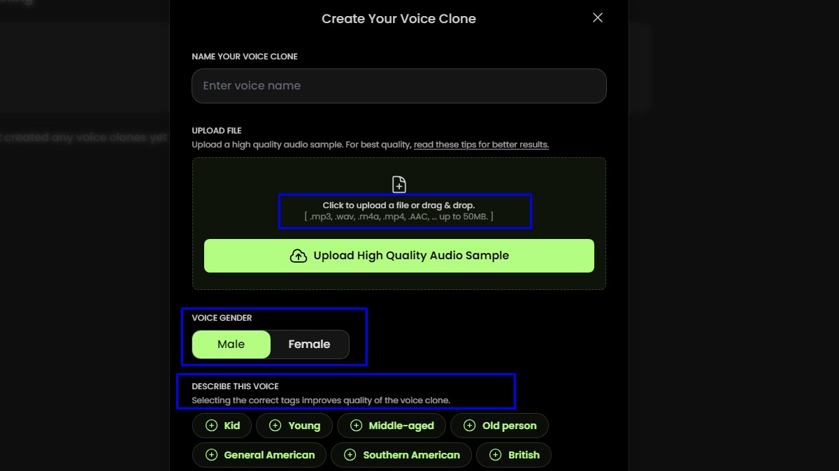 PlayHT supports mp3, .wav, .m4a, .mp4, and .AAC files