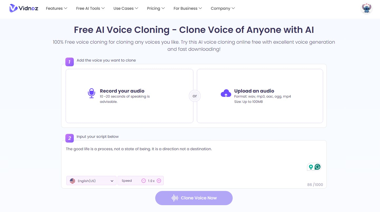 Go to Vidnoz AI Voice Cloning Dashboard