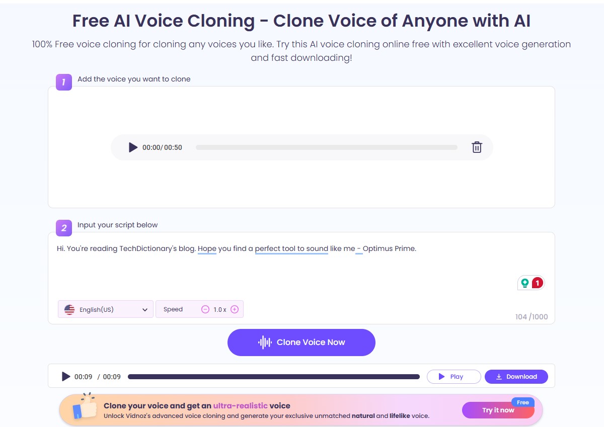 Optimus Prime Voice cloning using Vidnoz AI Voice Changer