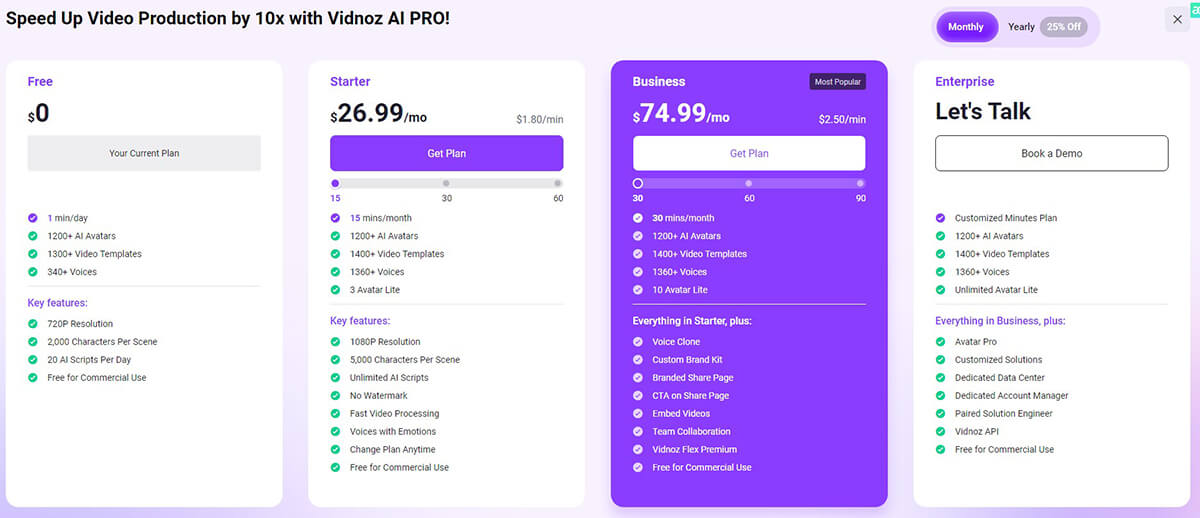 Vidnoz AI Pricing Plan