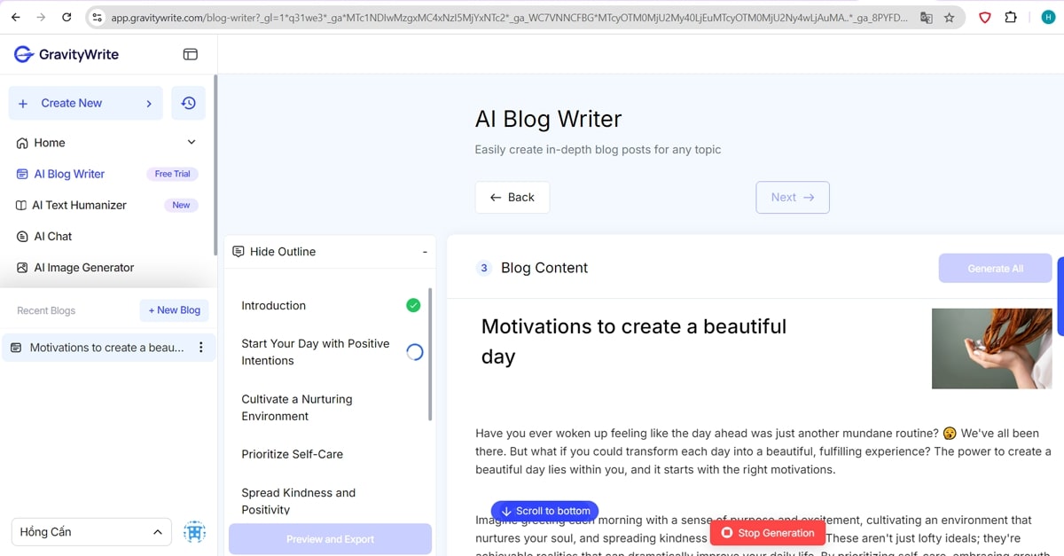 Generate content blog with GravityWrite