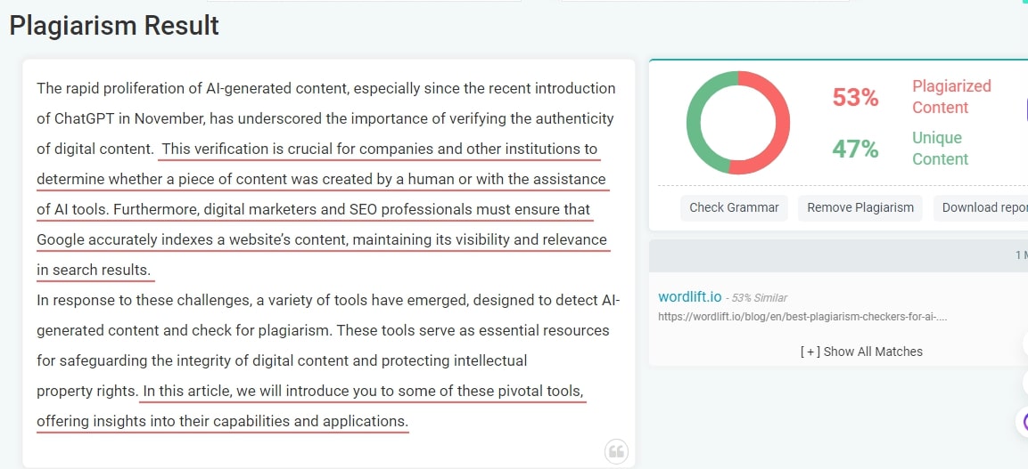 Plagiarism test result from PrepostSEO