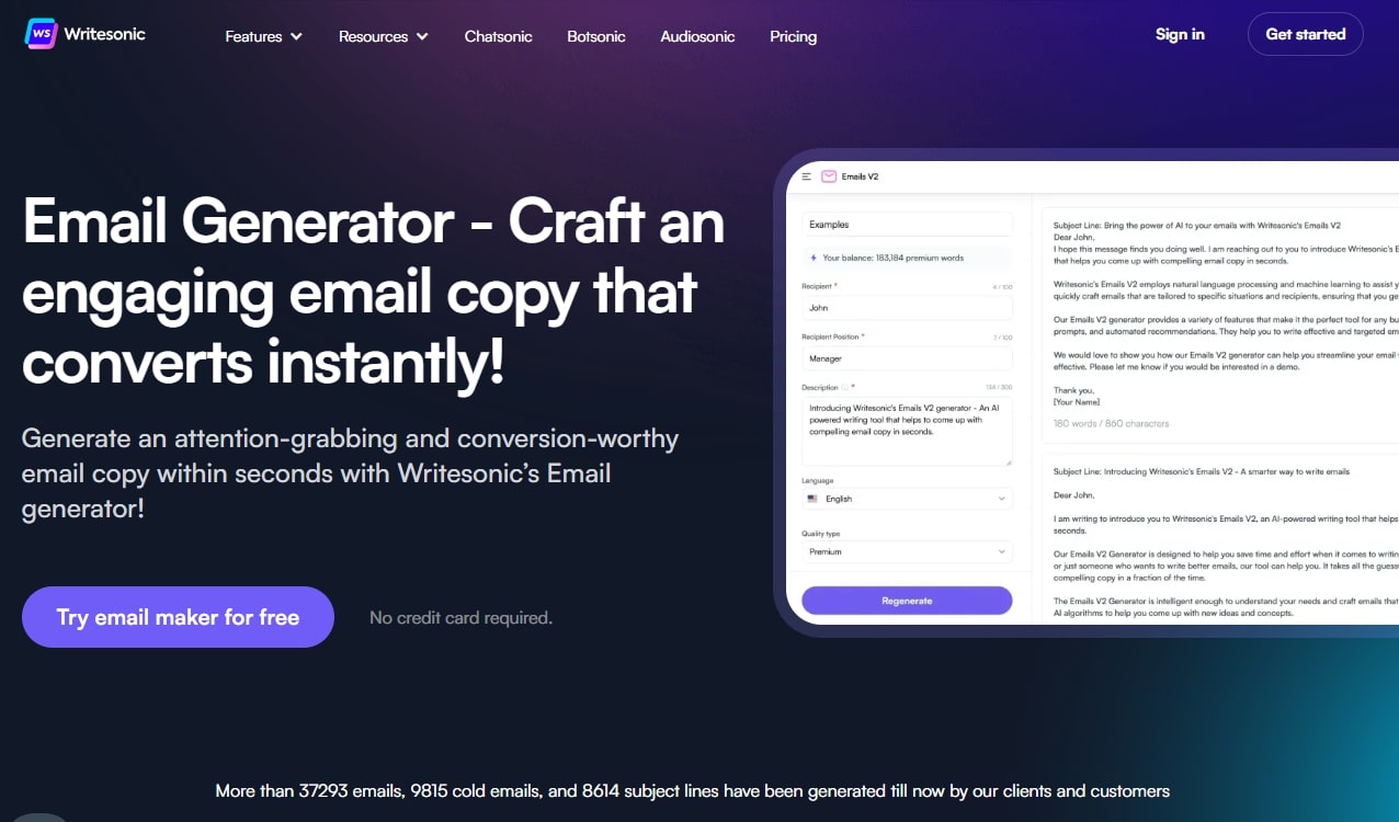 Writesonic - Best AI to Create Engaging Email