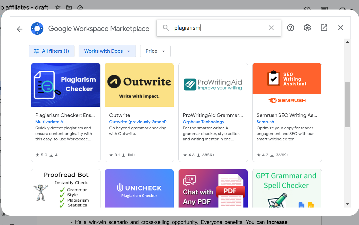 Finding Plagiarism Add-ons in Google Workspace Marketplace