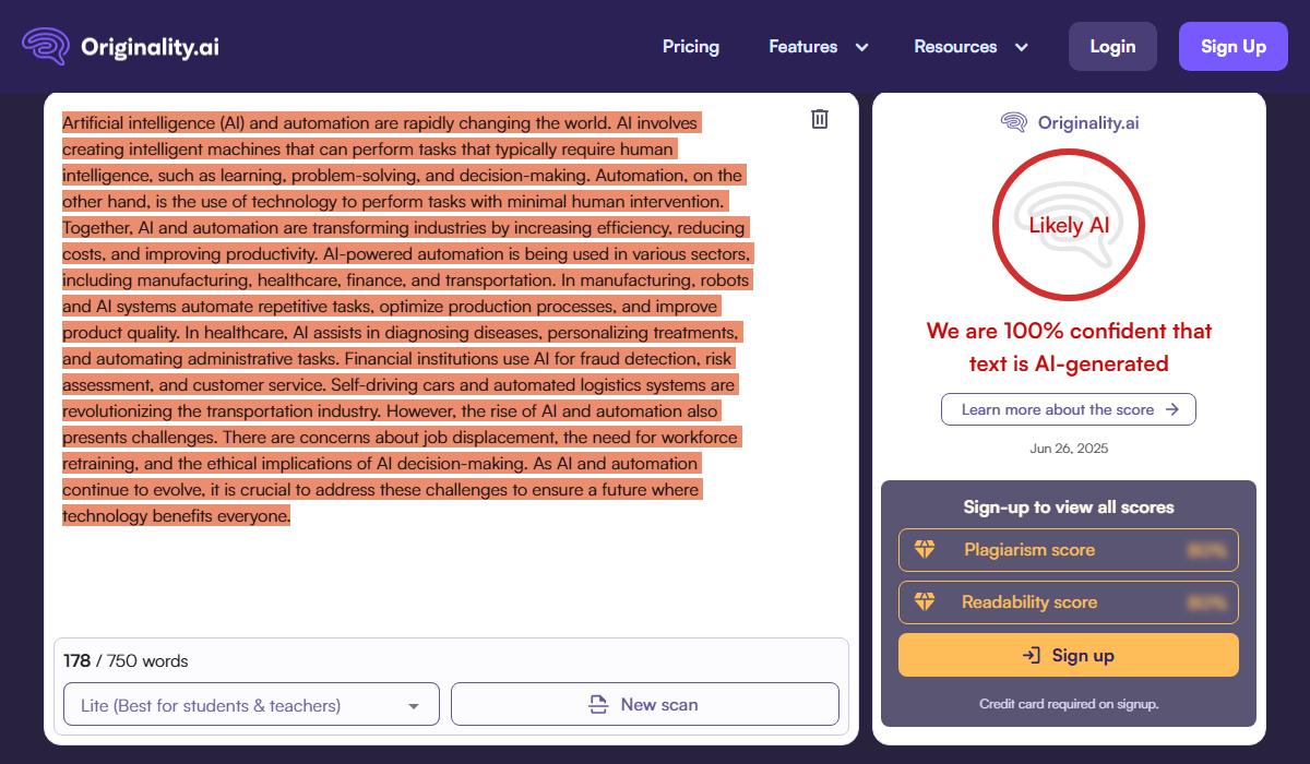 Detection result from Originality AI