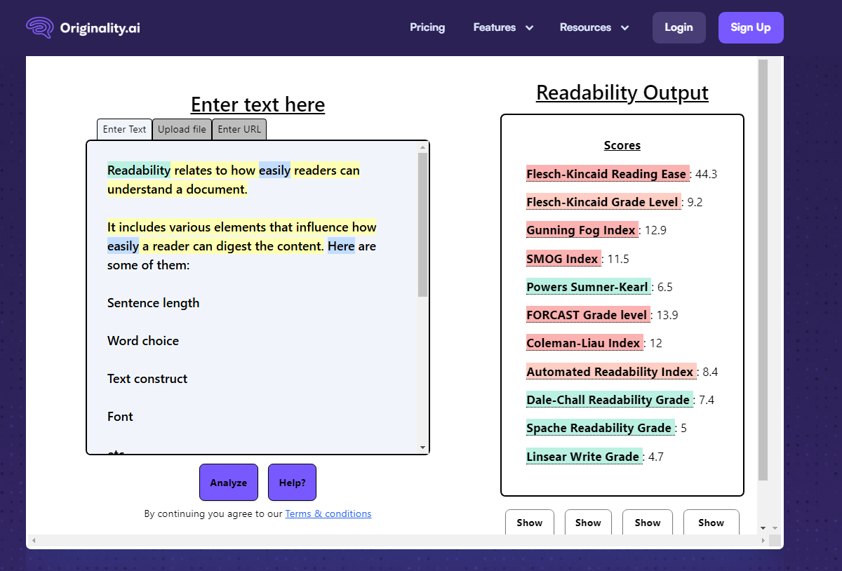 Readability results from Originality AI after applying tips