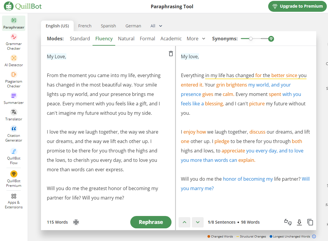 The paraphrasing output from QuillBot - Fluency mode