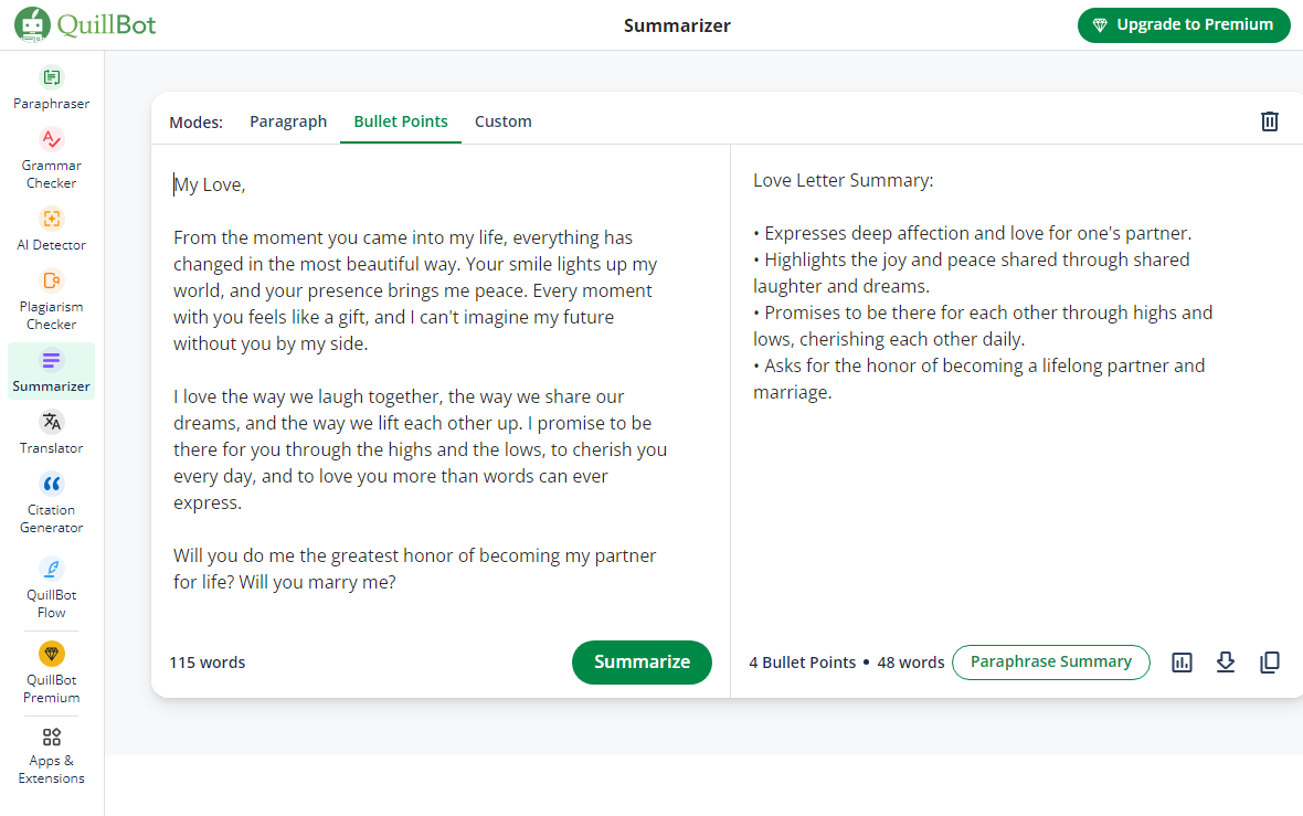 The summarizing output from QuillBot - Bullet points mode