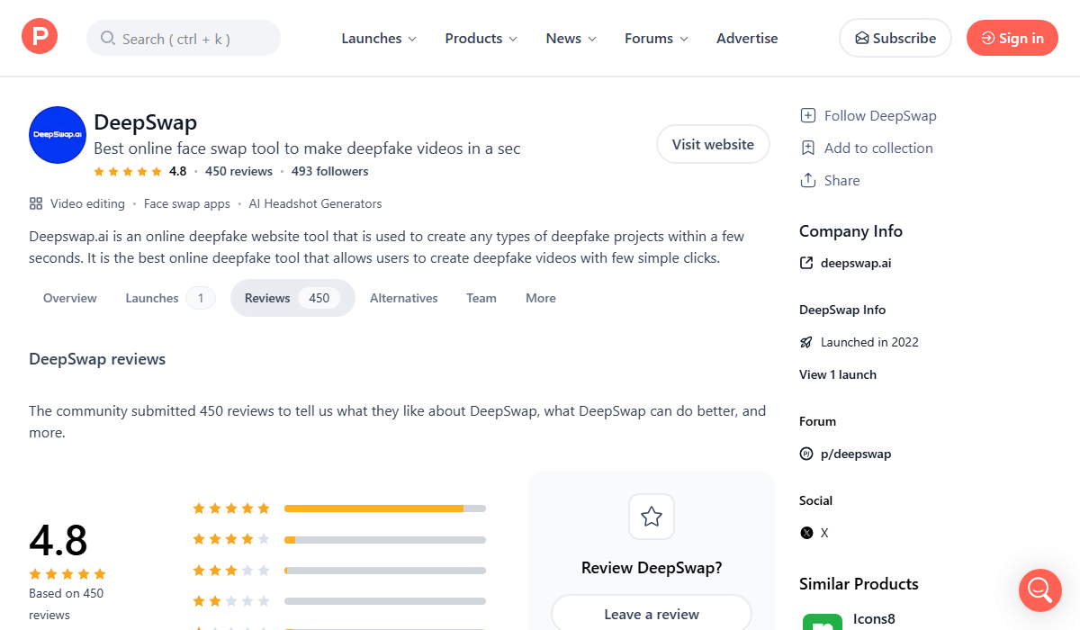 Deepswap's 4.8-star rating based on 450 reviews on Product Hunt