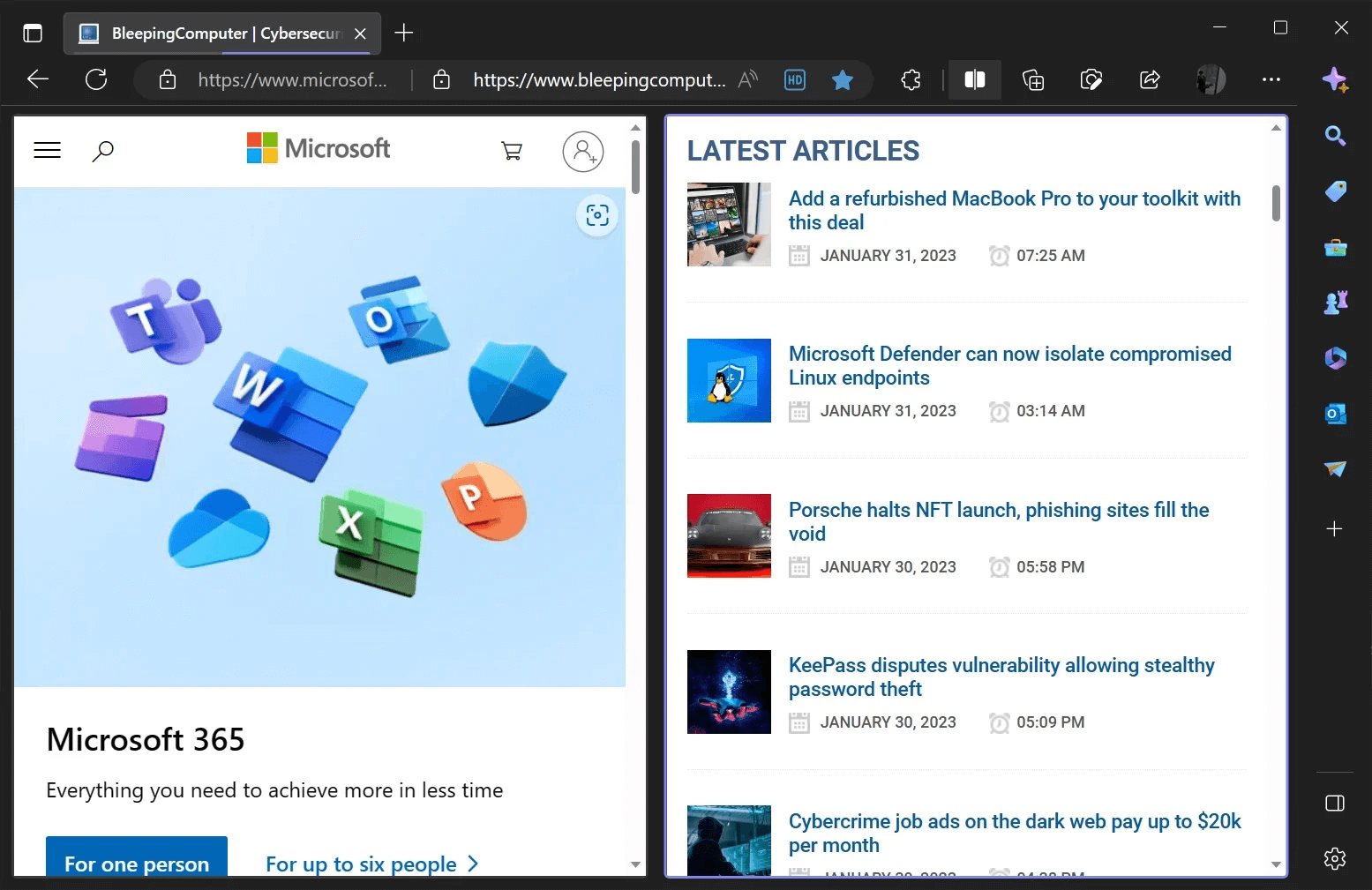 Split-screen Feature on Microsoft Edge (Source: Bleeping Computer)