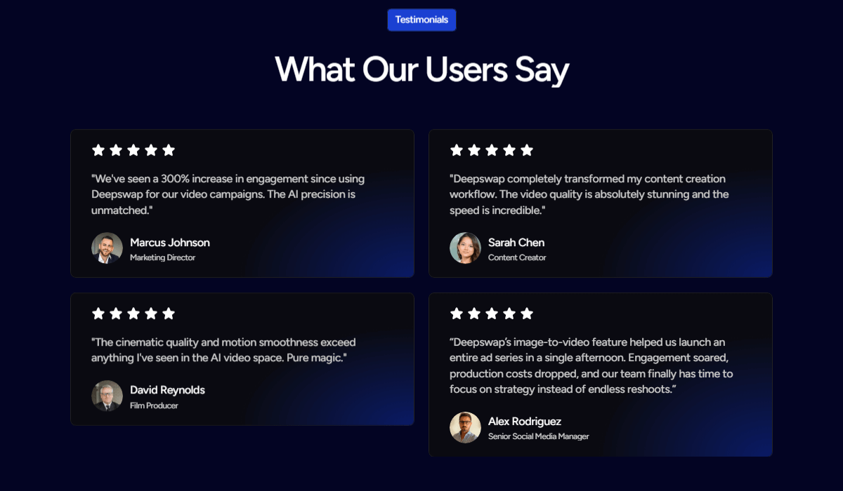 User testimonials for Deepswap's AI video generator feature