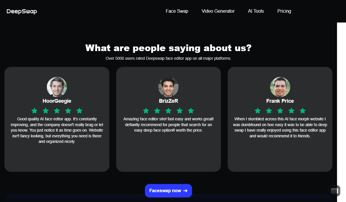 Real user reviews for Deepswap AI face editor on its website