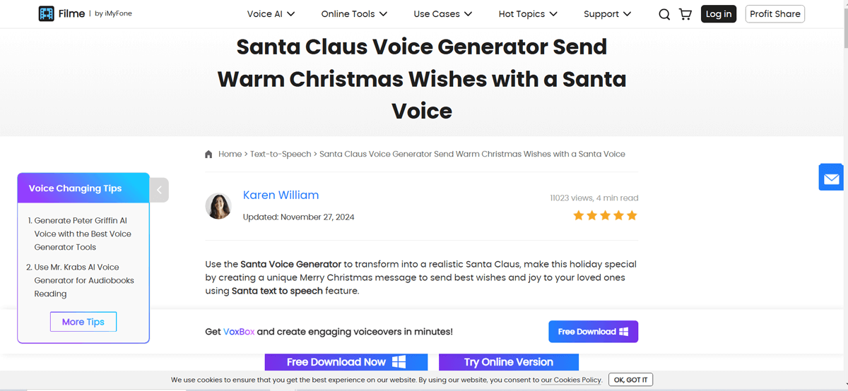 iMyFone uses advanced AI to create realistic Santa voiceovers with 3500+ voice models.