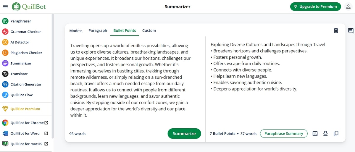 QuillBot generates the summary in bullet points