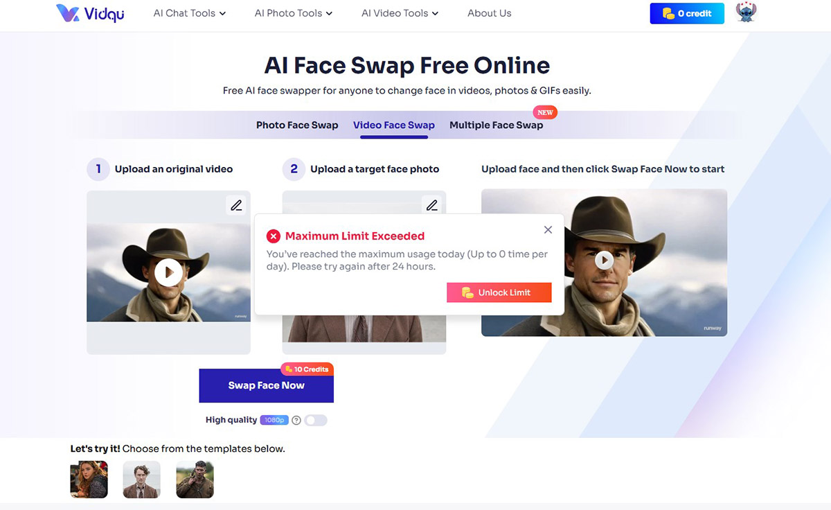 Vidnoz face swap premium is no longer available