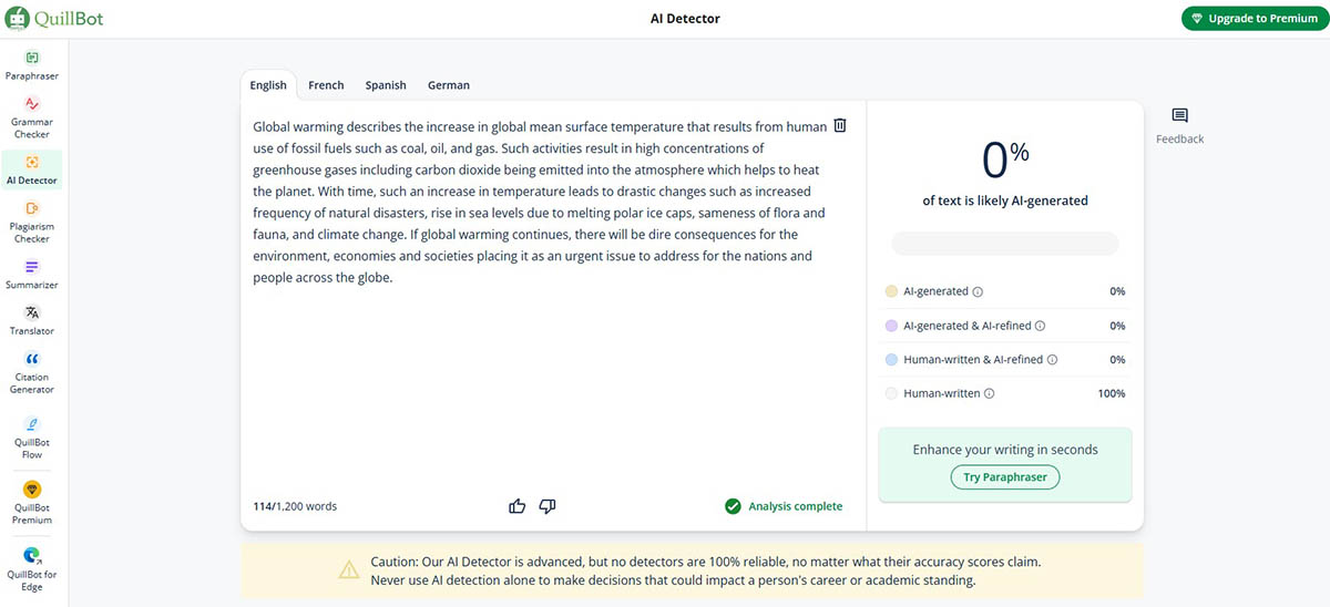 QuillBot AI Detector Flag Human-AI mixed content as Human