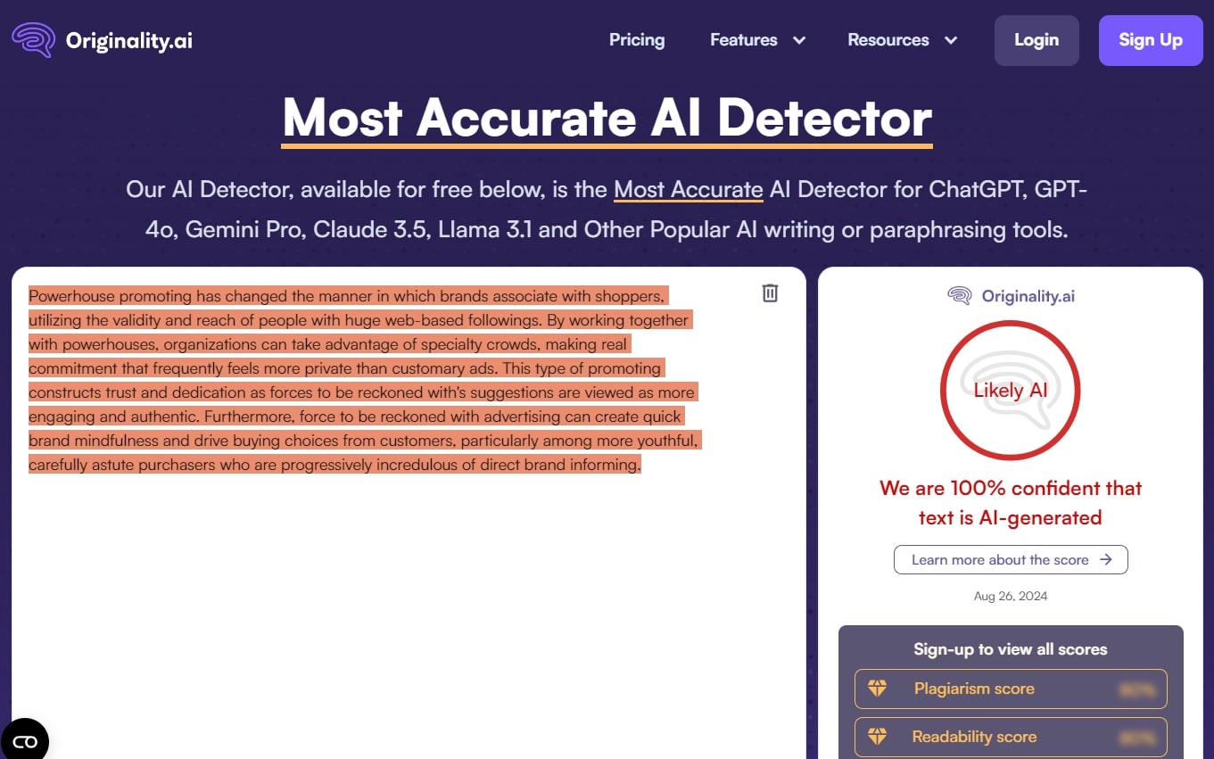 The result after detecting by Originality AI