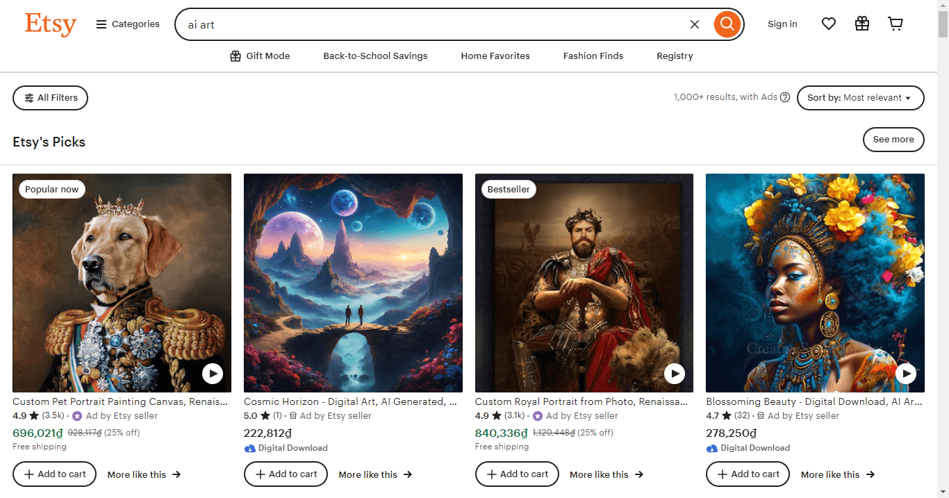 AI paintings for sale on Etsy’s website