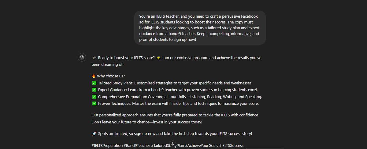AI Writing Prompt Facebook Ads Example