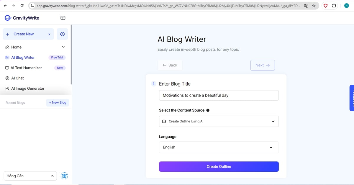 Blog Writer Section of GravityWrite