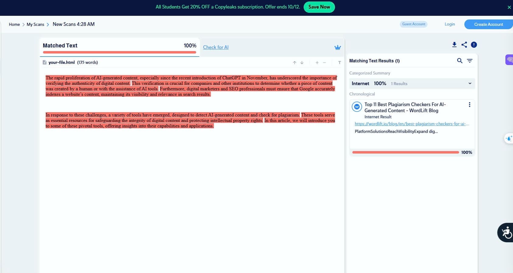 Plagiarism test result from Copyleaks