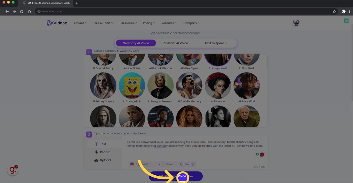 Create Kayne West Voice Text To Speech With Vidnoz