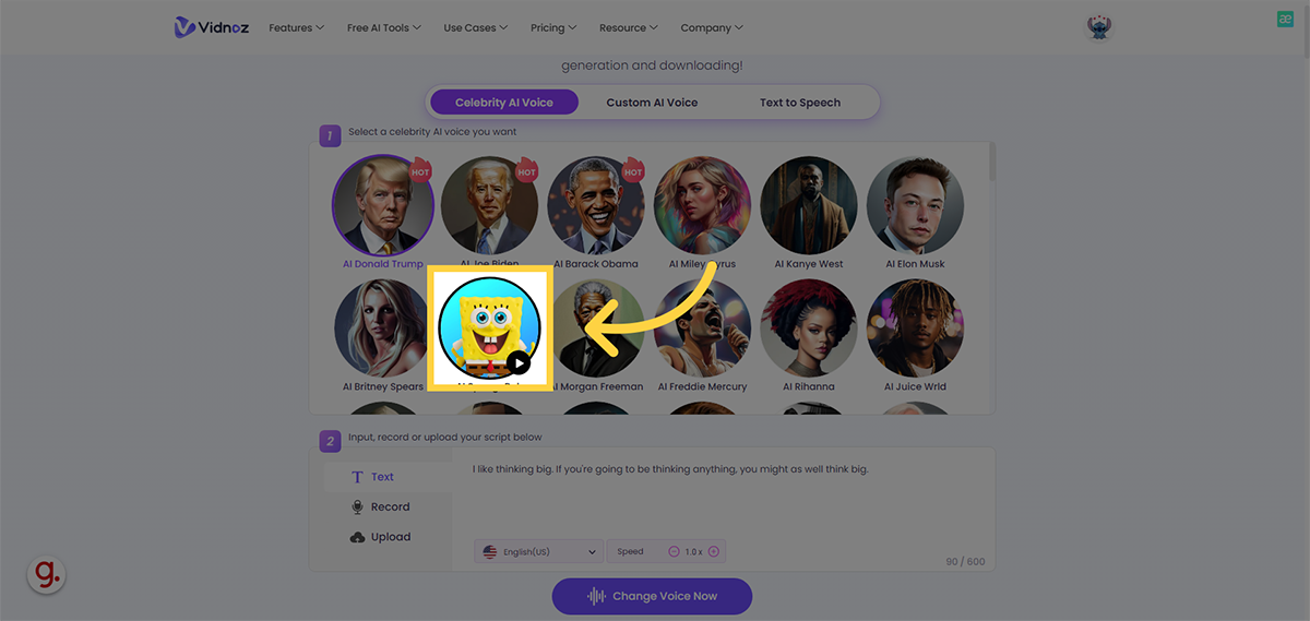 Create Spongebob Voice Text To Speech With Vidnoz