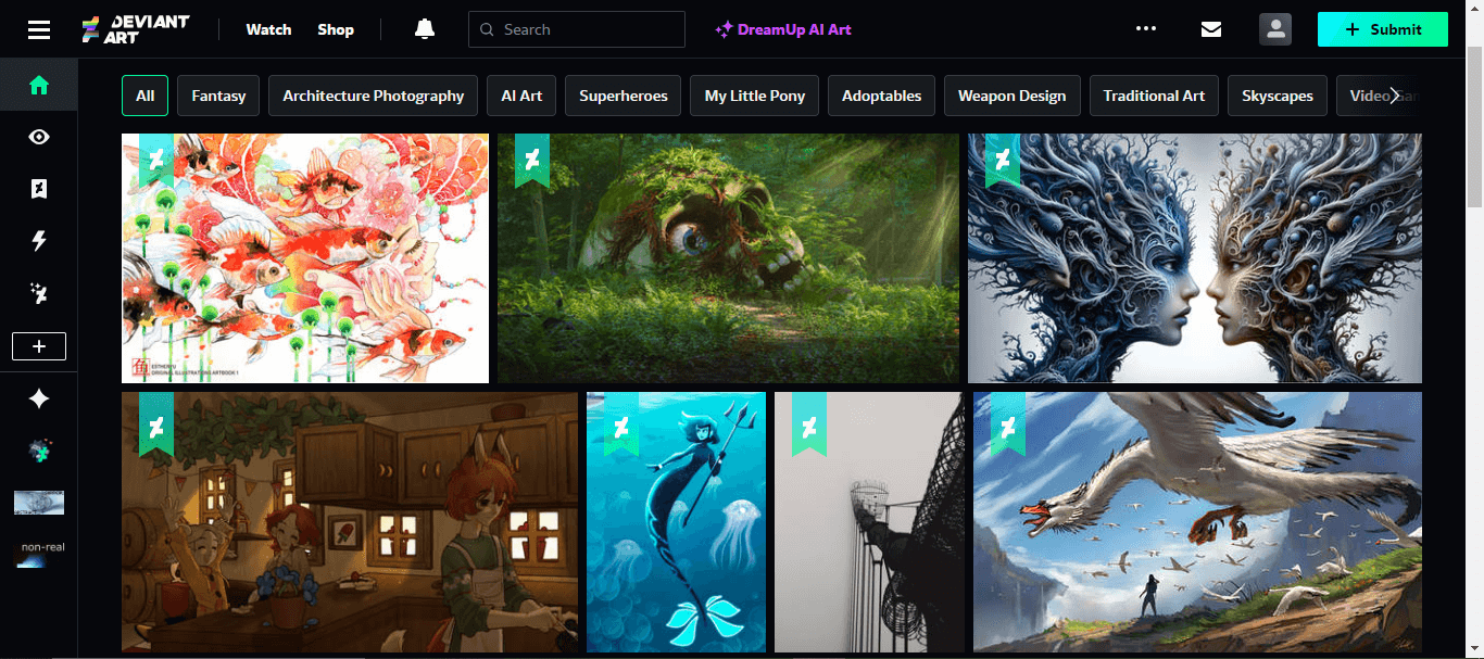 DeviantArt’s homepage with ethereal AI pieces of art for sale