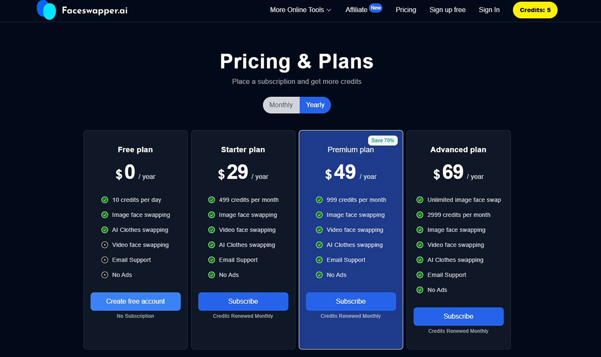 FaceSwapper AI's Pricing Yearly Plans