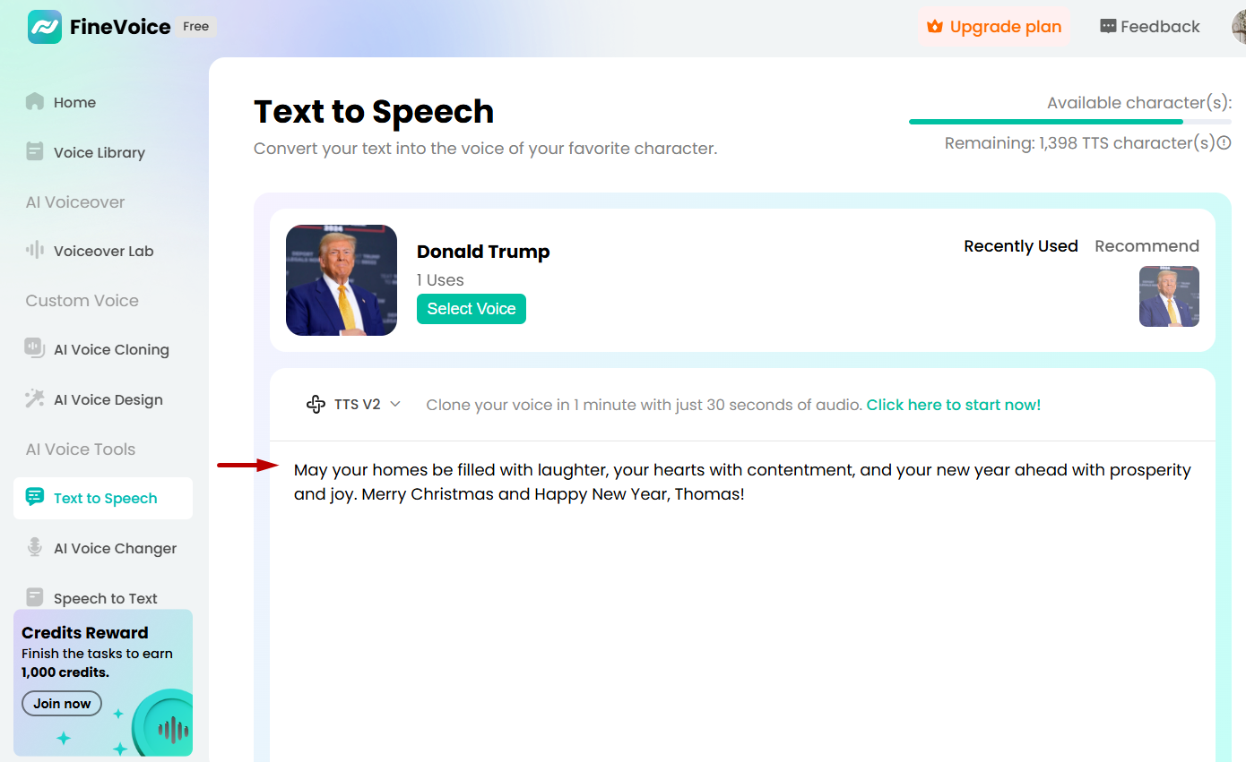 FineVoice Text-to-Speech Feature