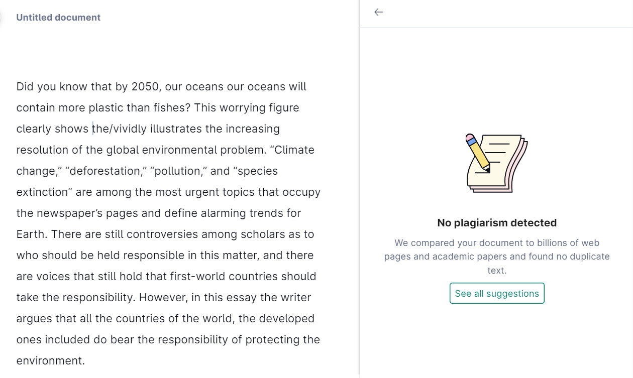 Grammarly Checking Plagiarism of an AI-written Essay