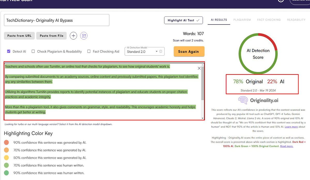 Our result on Originality AI when using 10 ways above