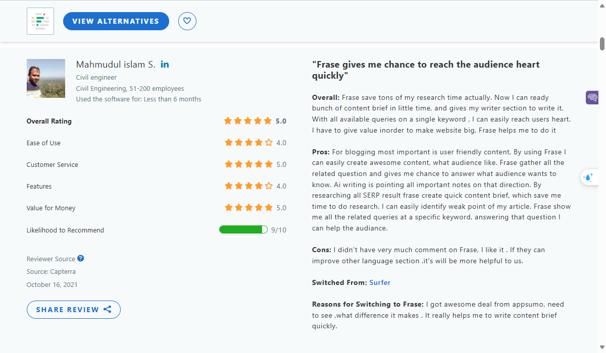 Frase AI’s Reviews On Capterra