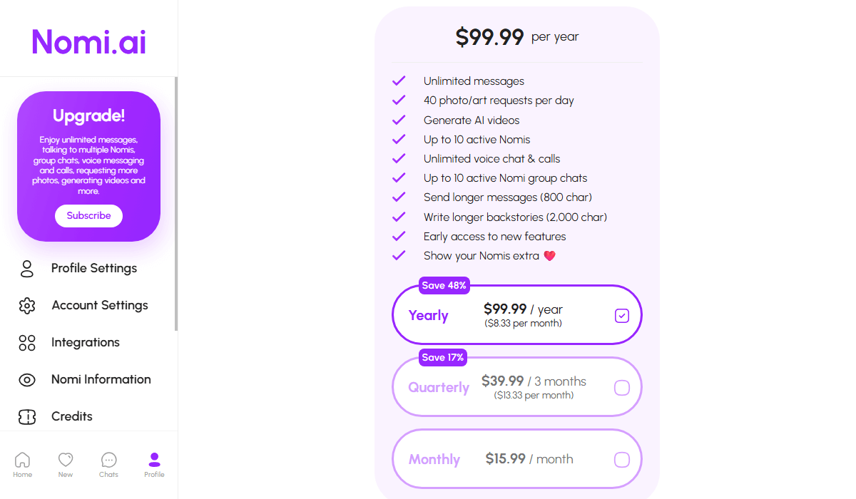 Nomi AI Review: The Pricing Plans 