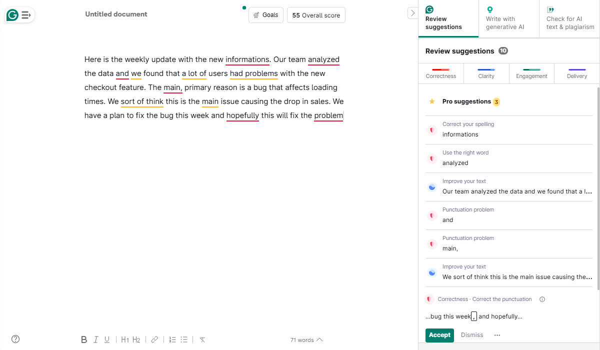 Grammar Checking Results in Grammarly