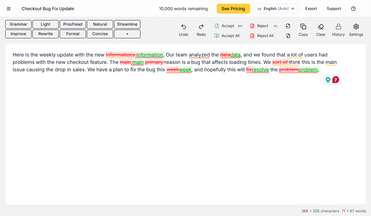 Grammar Checking Results in editGPT