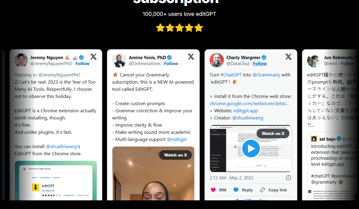 Real user feedback for editGPT with 100K+ community
