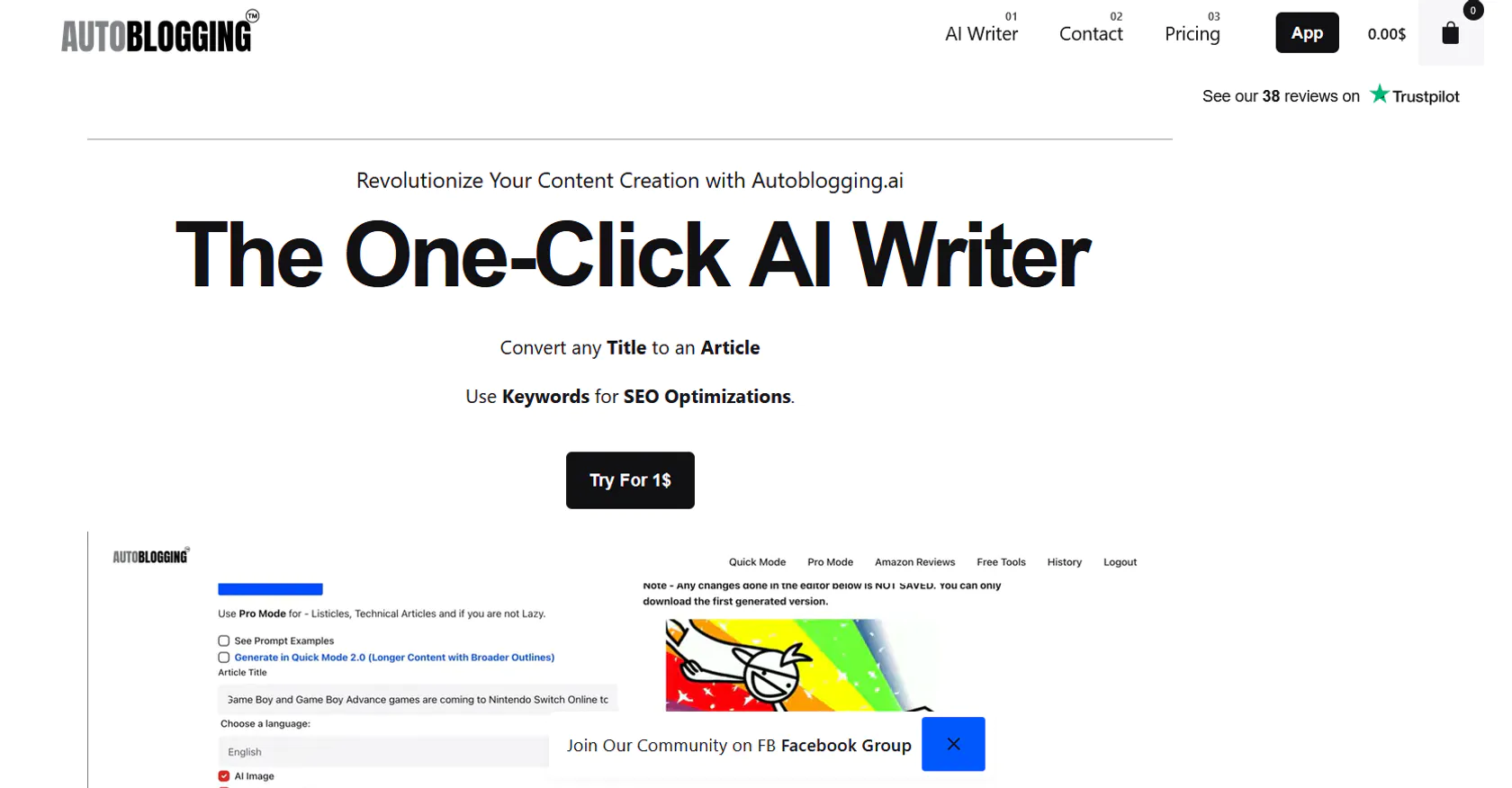 One-click article generation of Autoblogging.ai.